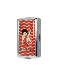 Tabacheră metalică Betty Boop Champ, din metal lucios, capacitate 10 tigarete, prezentata usor lateral pe fond alb