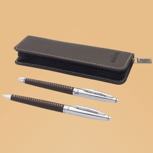 Set de lux Balmain Paris, pix si roller cu etui de culoare maro
