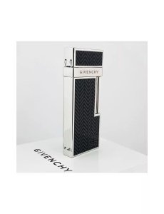 Brichetă metalică de lux Givenchy cu model geometric, vedere parte a laterala argintie, modelul asezat pe cutia cadou alba