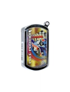 Brichetă metalică Race Champ piezoelectrică, vedere frontala, culori argintiu cu desen pe ambele fete, cod EAN pe lateral
