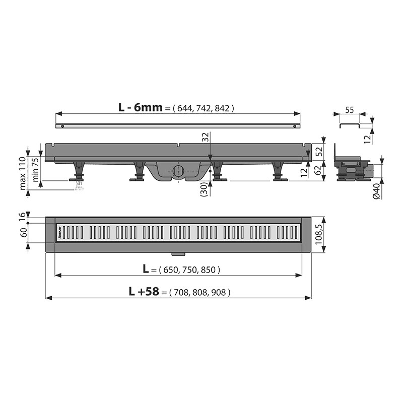 Rigolă de duș, Alcadrain, Wall, cu grătar, 75 cm - 1 | YEO