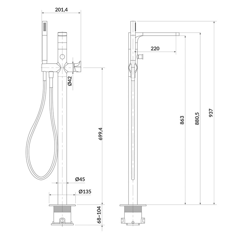 Baterie pentru cadă freestanding, Cersanit, Inverto, corp negru mat, mâner auriu - 1 | YEO