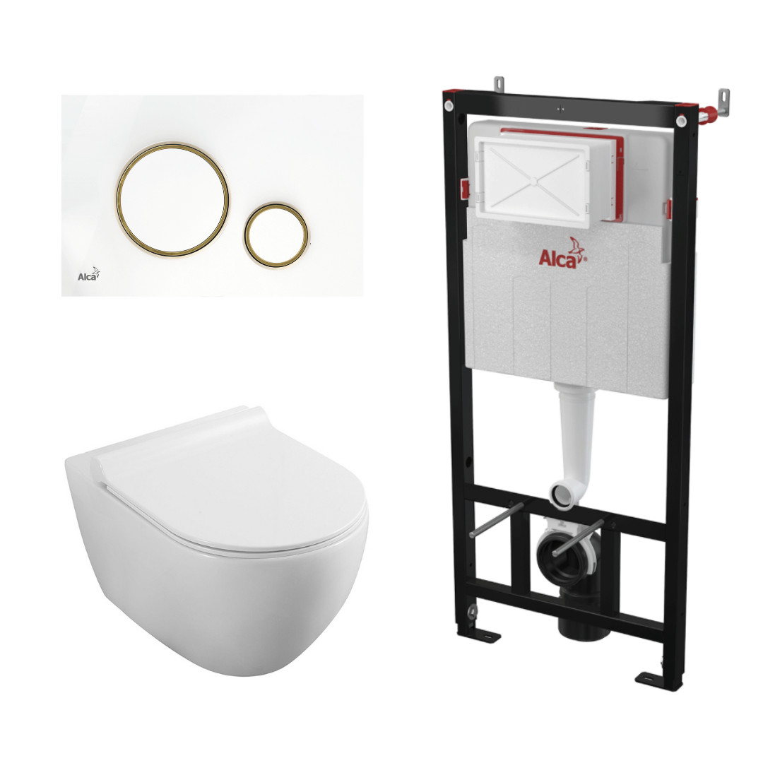 abordare izolare Adaptabilitate  Set complet vas WC suspendat Fluminia Minerva Alb cu rezervor Alca si  clapeta alb si auriu la pretul de 1563.05 lei | E-Baie