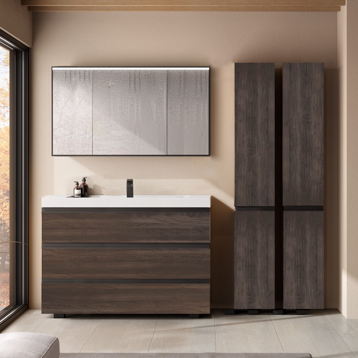 Set mobilier stativ cu lavoar Kolpasan, Harmony 120 cm, 3 sertare, dark oak - 1 | YEO