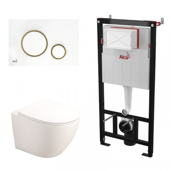 Set complet vas WC suspendat Fluminia, Alfonzo, alb, cu rezervor Alca și clapetă alb și auriu_7