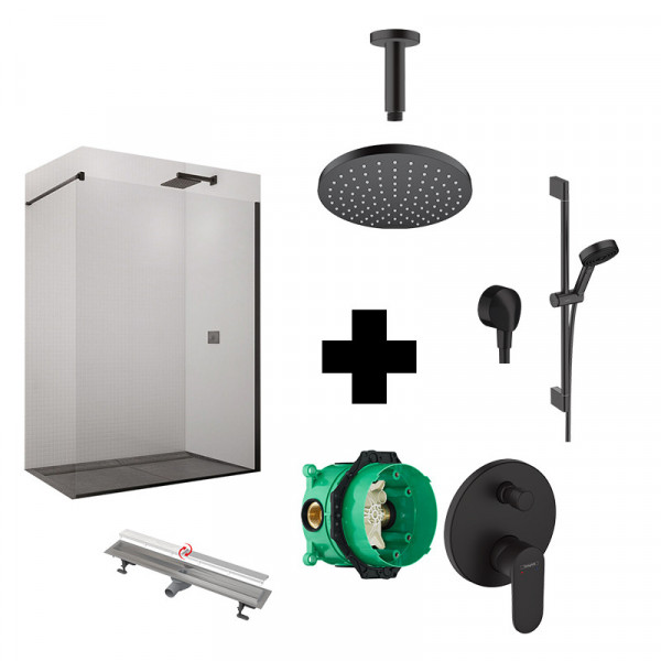 Set paravan de dus Walk In, SanSwiss, Easy, baterie de dus, Hansgrohe, Vernis Blend, set de dus Hansgrohe, Pulsify Select, brat, palarie de dus si racord Hansgrohe si rigola faiantabila Alcadrain, Fit and Go_2