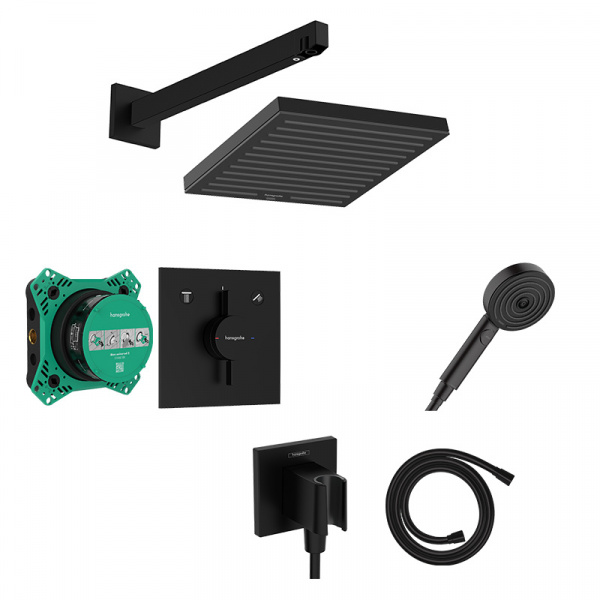 Set de duș, Hansgrohe, cu baterie DuoTurn E, iBox 2, pălărie Pulsify E 260 și pară de duș, cot racord și furtun, negru mat_10