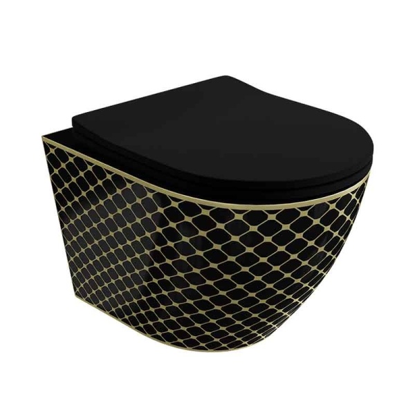 Set vas WC suspendat Spectrum, Trendi Slim, rimless, cu capac soft close, negru-auriu_22