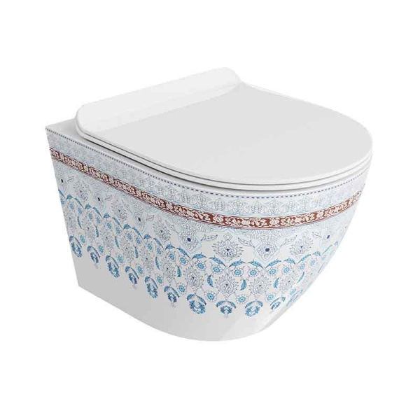 Set vas WC suspendat Spectrum, Trendi Slim, rimless, cu capac soft close, alb cu model folcloric_19