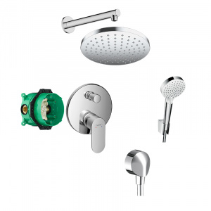 Set de duș, Hansgrohe, cu baterie Rebris S, palarie si para de dus, cot racord si furtun