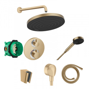 Set de duș, Hansgrohe, cu baterie Ecostat S, pălărie și pară de duș, cot racord și furtun, bronz periat