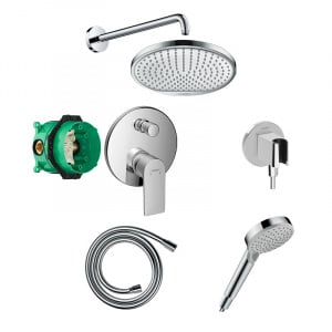 Set de duș, Hansgrohe, cu baterie Rebris E, pălărie și pară de duș, cot racord și furtun