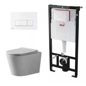 Set complet vas WC suspendat, Fluminia, Cleo gri mat, Tornado Flush, cu rezervor Alca si clapeta alba_2