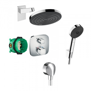 Set de duș, Hansgrohe, cu baterie Ecostat E, pălărie și pară de duș, cot racord și furtun