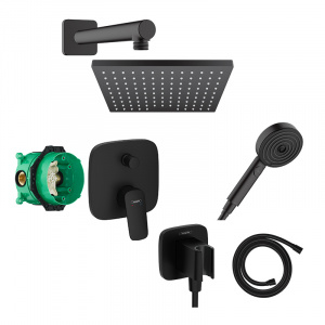 Set de duș, Hansgrohe, cu baterie Logis, pălărie Vernis Shape 230 și pară de duș, cot racord și furtun, negru mat