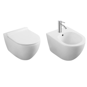 Set vas WC si bideu suspendat, Fluminia Minerva, alb si baterie de bideu Ideal Standard Ceraline_1
