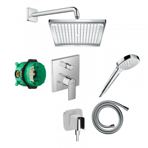 Set de duș, Hansgrohe, cu baterie Vernis Shape, pălărie Crometta E 240 și pară de duș, cot racord și furtun