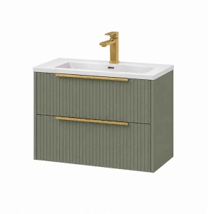 Mobilier suspendat pentru lavoar Fluminia Istria 80 cu 2 sertare, front riflat, 80x46 cm, salvia, mâner auriu_1