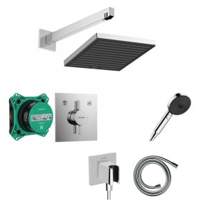 Set de duș, Hansgrohe, cu baterie DuoTurn E, iBox 2, pălărie Pulsify E 260 și pară de duș, cot racord și furtun, crom