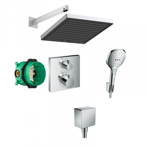 Set de duș, Hansgrohe, cu baterie Ecostat Square, pălărie Pulsify E 260 și pară de duș, cot racord și furtun