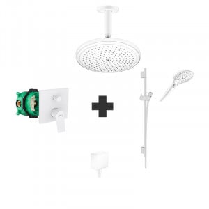 Set baterie de dus, Hansgrohe, Vivenis, corp incastrat, bara si furtun, para, palarie de dus, cot racord, alb mat