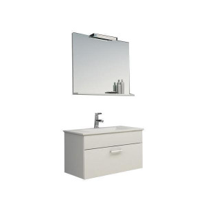 Set mobilier, un sertar, cu lavoar, oglinda si iluminare led Kolpasan, Pixor, 76 cm, alb