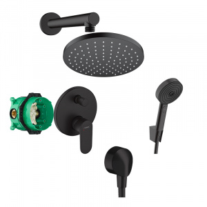 Set de duș, Hansgrohe, cu baterie Vernis Blend, pălărie și pară de duș, cot racord și furtun, negru mat