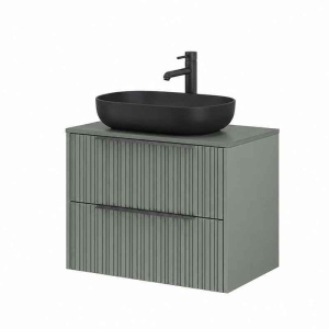 Mobilier suspendat pentru lavoar pe blat Fluminia Istria 80, cu 2 sertare, front riflat, 80x46 cm, salvia, mâner negru_1
