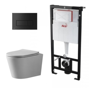 Set complet vas WC suspendat, Fluminia, Cleo gri mat, Tornado Flush, cu rezervor Alca si clapeta neagra_3