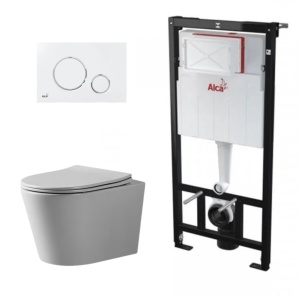 Set complet vas WC suspendat, Fluminia, Cleo gri mat, Tornado Flush, cu rezervor Alca si clapeta alba-crom_1