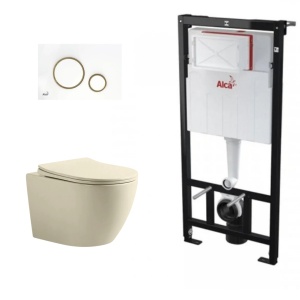 Set complet vas WC suspendat, Fluminia Ricci Tornado Flush cappuccino cu rezervor Alca si clapeta alb/auriu lucios_3