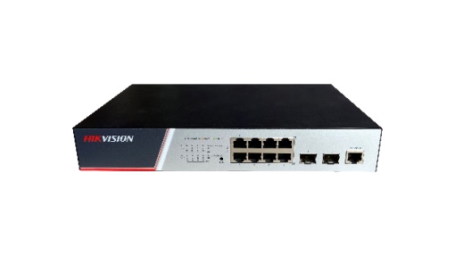 Switch Hikvision DS-3E2510P(B), Switching Capacity 336 Gbps, 8 Gigabit Poe electrical ports and 2 Gigabit / 100M SFP optical ports, Address Table 8 K, Support binding of IP, MAC, port and VLAN, dimensiuni: 280 mm × 44 mm × 180 mm, temperatura de