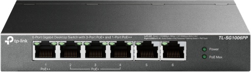 "6-Port Gigabit Desktop Switch with 3-Port PoE+ and 1-Port PoE++ PORT: 1× Gigabit PoE++ Port, 3× Gigabit PoE+ Ports, 2x Gigabit Non-PoE Ports SPEC: 802.3af/at/bt type3, 64 W PoE Power, Desktop Steel Case FEATURE: Extend Mode for 250m PoE Transmitting