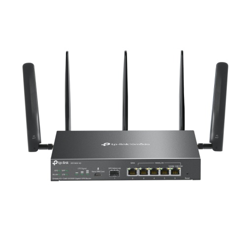 "Omada 4G+ Cat6 AX3000 Gigabit VPN Router PORT: 1× Gigabit SFP WAN/LAN Port, 1× Gigabit RJ45 WAN Port, 4× Gigabit WAN/LAN RJ45 Ports, 1 Nano SIM slot (4G+ Cat6) SPEED: 574Mbps at 2.4 GHz + 2402 Mbps at 5 GHz (HE160) Wi-Fi Speed, 300 Mbps Download LTE