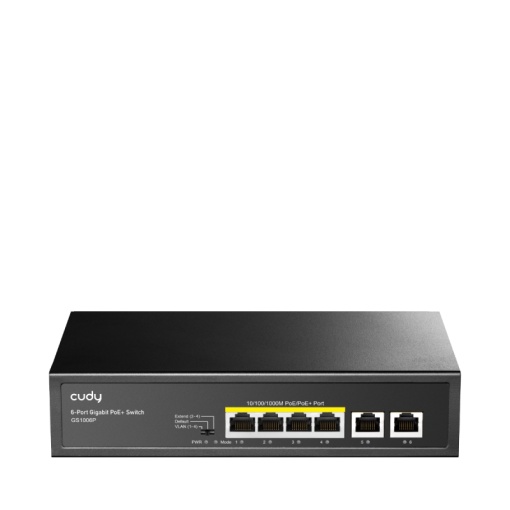 CUDY 6-Port 10/100/1000M PoE+ Switch, 4-Port 10/100/1000 BASE-T Gigabit PoE+ ports, 2-Port 10/100/1000 BASE-T Gigabit Uplink ports, 802.3at/af, VLAN mode support for port #1 ~ #4, Extend mode support for port #3 ~ # 4, Fanless, ±4KV Surge