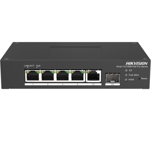 Switch PoE Hikvision DS-3T1306P-SI/HS: 4 × 10/100 Mbps PoE port,1 × Gigabit RJ45 port,1 × Gigabit fiber optical port, PoE: Ports 1 to 4 maxim 30W, buget PoE 60W, tensiune alimentare: 48VDC, 1.36A, dimensiuni: 158.00 mm × 101.20 mm × 31.60 mm, greutate: