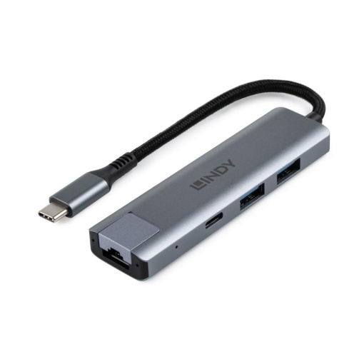 Hub Lindy USB3.2 Gigabit Ethernet, interfata USB C la RJ45 & 2x USB A & 1x USB C, interfata standard USB 3.2 / 3.1 Gen 2, Gigabit LAN, chipset RTL8153 (LAN), GL3590 (Hub), lungime cablu 150mm, gri