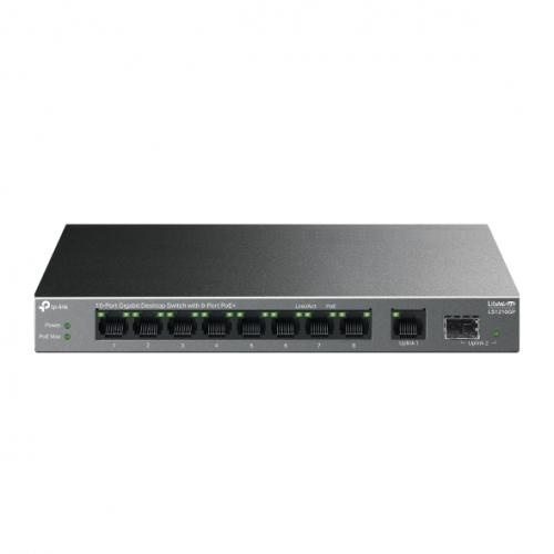 "10-Port Gigabit Desktop Switch with 8-Port PoE+ PORT: 8× Gigabit PoE+ Ports, 1x Gigabit Non-PoE Port, 1× Gigabit SFP Slot SPEC: 802.3at/af, 61 W PoE Power, Desktop Steel Case FEATURE: Extend Mode for 250m PoE Transmitting, Isolation Mode, PoE Auto