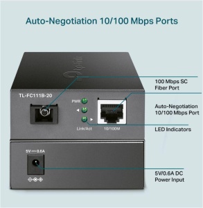 "10/100 Mbps RJ45 to 100 Mbps Single-mode SC WDM Bi-Directional Fiber Converter PORT: 1× 100Mbps SC Port, 1× 10/100M RJ45 Port (Auto MDI/MDIX) SPEC: Full-duplex, Tx:1310 nm, Rx:1550 nm, Up to 20 km, Chassis TL-FC1420 Rack-mountable" - Img 3