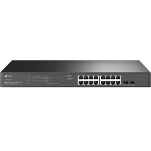 "JetStream™ 18-Port Gigabit Smart Switch with 16-Port PoE+ PORT: 16× Gigabit RJ45 Ports, 2× Gigabit SFP Slots SPEC: 802.3at/af, 150 W PoE Power, 1U 19-inch Rack-mountable Steel Case FEATURE: Integration with JetStream™ SDN Controller, Static Routing,