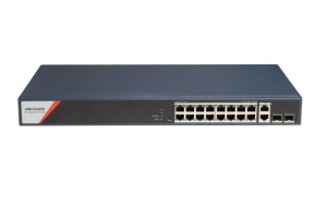 Switch PoE Hikvision DS-3E1520HP-SI-16P2T2F: 16 x 10/100/1000 PoE Ports, 2 × 10/100/1000 Mbps RJ45, 8 porturi PoE maxim 90W, buget PoE 230W, tensiune alimentare: 100-240V~ 50/60Hz 4 A, dimensiuni: 440 mm × 44 mm × 220.8 mm, greutate: 2.73kg, montare pe
