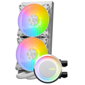 Cooler Procesor MSI MAG CORELIQUID E240 ALB, marime radiator 120mm, 2 ventilatoare ARGB, Viteza pompa: 3000 +/- 10%, Suport AMD: AM4/AM5, suport INTEL: LGA 1150/1151/1155/1156/1200/1700, Airflow: 25.5-75.04 CFM, Nivel de zgomot pompa: 20dBA - Img 2