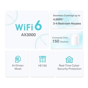 TP-Link AX3000 whole home mesh Wi-Fi 6 System, Deco X50(2-pack); Standarde Wireless: IEEE 802.11ax/ac/n/a 5 GHz, IEEE 802.11ax/n/b/g 2.4 GHz, 3 LAN/WAN Gigabit Ethernet Ports, 1 GHz Dual-Core CPU, 2 x internal antennas per Deco unit, 2402 Mbps (5 GHz), - Img 7