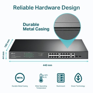 "18-Port Gigabit Rackmount Switch with 16-Port PoE+ PORT: 16× Gigabit PoE+ Ports, 2× Gigabit Non-PoE Ports, 2× Combo Gigabit SFP Slots SPEC: 802.3at/af, 250 W PoE Power, 1U 19-inch Rack-mountable Steel Case FEATURE: Plug and Play" - Img 11