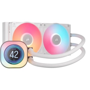 Cooler Procesor CORSAIR iCUE LINK TITAN 240 RX LCD ALB, dimensiune radiator 277x120x27mm, 2 ventilatoare ARGB, viteza ventilatoare: 300-2100RPM +/- 10%, Suport AMD: AM4/AM5, suport INTEL: LGA 1700/1851, Airflow: 73.5 CFM, Nivel de zgomot: 36 dBA