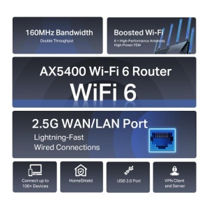 TP-LINK AX5400 Dual-Band Gigabit WI-FI6 Router, ARCHER AX72 PRO, Standarde wireless: IEEE 802.11ax/ac/n/a 5 GHz, IEEE 802.11ax/n/b/g 2.4 GHz, Viteze wireless: 5 GHz: 4804 Mbps (802.11ax, HE160), 2.4 GHz: 574 Mbps (802.11ax), Acoperire: 3 camere, 6 x - Img 9