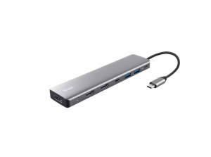 Adaptor Trust Dalyx 7-in-1, 2 porturi interfata USB-A 3.2 gen 1, 1 port USB-C, 2 porturi HDMI, 1 display port, 1 charging port USB-C 100W, led indicator oprit/pornit, lungime cablu 16cm, gri