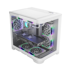Carcasa 1stPlayer gaming UV5-wh-Hub, 5 ventilatoare aRGB infinity efect plus PWM, telecomanda, Micro-ATX, alb