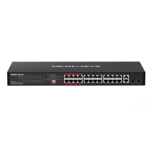 24-Port 10/100Mbps + 2-Port Gigabit Rackmount Switch with 24-Port PoE+ PORT: 24× 10/100Mbps PoE+ Ports, 2× Gigabit Non-PoE Ports, 2× Combo Gigabit SFP Slots SPEC: Compatible with 802.3af/at PDs, 293 W PoE Power, 1U 19-Inch Rackmountable Steel Case