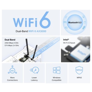 AX3000 Dual-Band Wi-Fi 6 Bluetooth PCI Express Adapter SPEED: 2402 Mbps at 5 GHz + 574 Mbps at 2.4 GHz SPEC: 2× High Gain Dual-Band External Antennas FEATURE: Wi-Fi 6, MU-MIMO, OFDMA, 1024 QAM, HE160, WPA3, Bluetooth 5.2" - Img 3